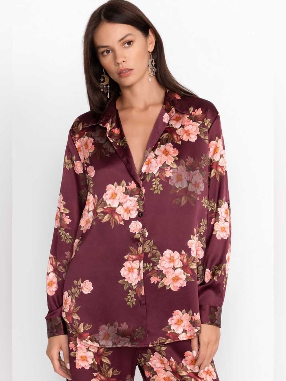 Johnny Was Jade Amanza Winona Silk Floral Button-Down Shirt Medium